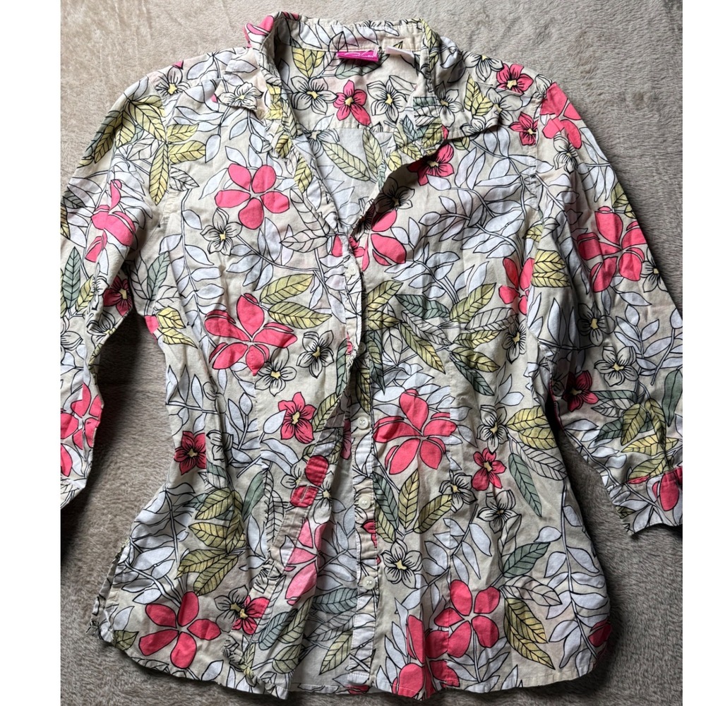 Pappagallo Womens Small Floral Tropical Cotton Button Down Office Y2K Preppy